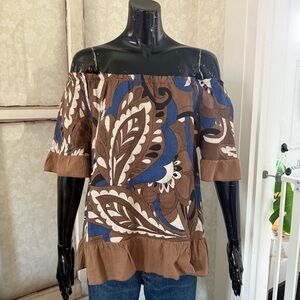 Terzo Millennio Made in Italy Off The Shoulder Linen Brown Blue Blouse Ruffle S